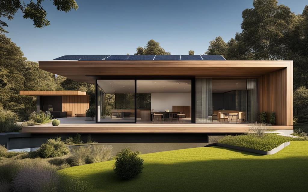 Render de Exterior de casa modernada de tonos madera y techo y marcos de ventana termopanel de color negro