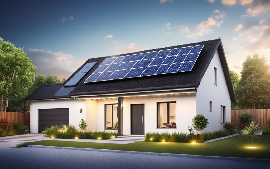 Casa en barrio residencial con paneles solares en su techo y ventanas temopanel con el objetivo de tener mejor eficiencia energética