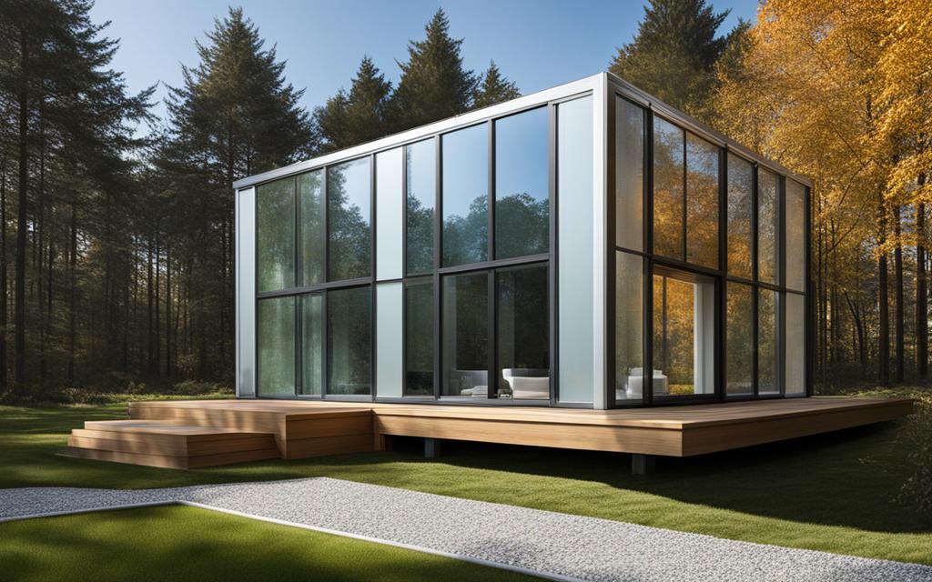 Casa cuadrada en sector rural con grandes ventanales termopanel con PVC negro