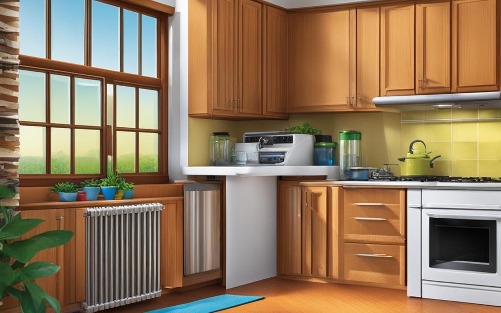 Ilulstración de cocina de casa con distintos aparatos eléctricos y Ventanas Termopanel