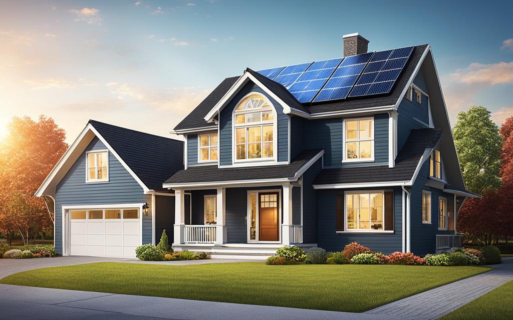 Exterior de casa grande de 2 pisos, de madera con ventanas de Termopanel y paneles solares en el techo. Es una casa antigua con aplicación de eficiencia energética moderna