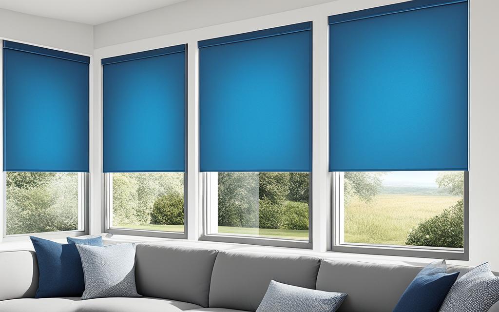 Living de decoración blanca con Ventanas Termopanel y cortinas roller azul