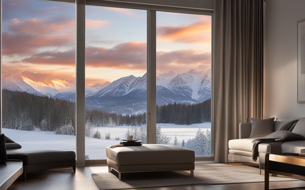 Vista de Montañas nevadas a través de Ventanas Termopanel de PVC panorámicas