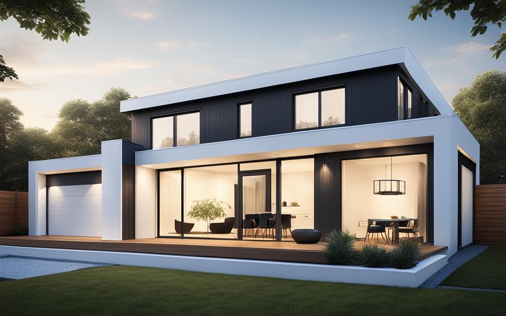 Vista desde el jardín de casa moderna con sistema de termopanel en sus ventanas