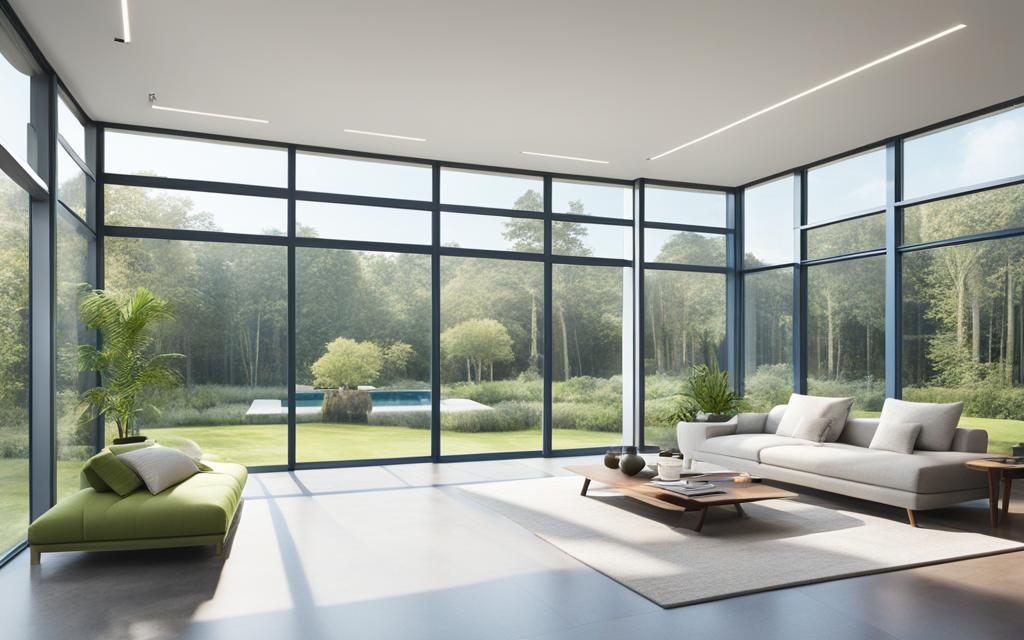 Vista de jardín desde living con ventanas de termopanel con marco de PVC