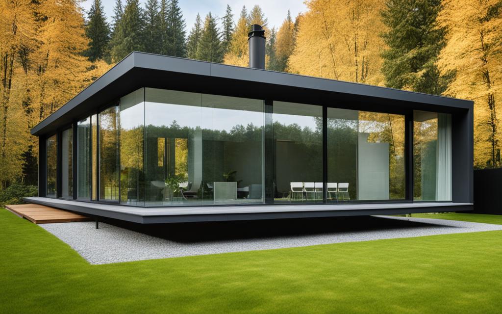 Render de vista exterior de Proyecto arquitectónico sostenible unbicado en las afueras de la ciudad. La casa es de muros negros y ventanas termopanel